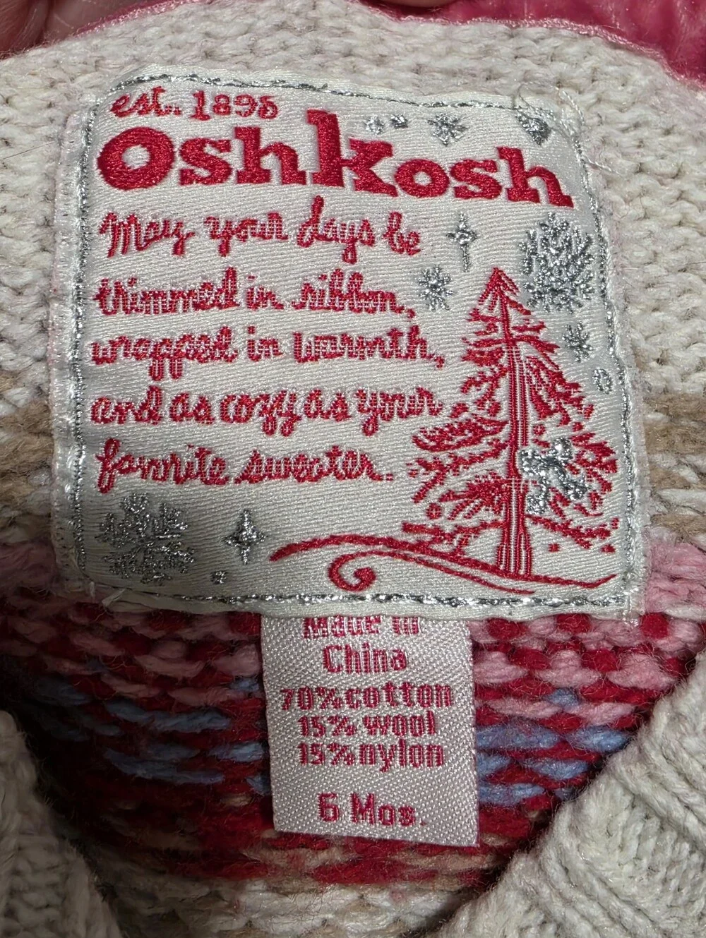 OSHKOSH Hooded Fair Isle Sweater Cardigan Baby 6 Mos Cream Red Wool Blend Y2K